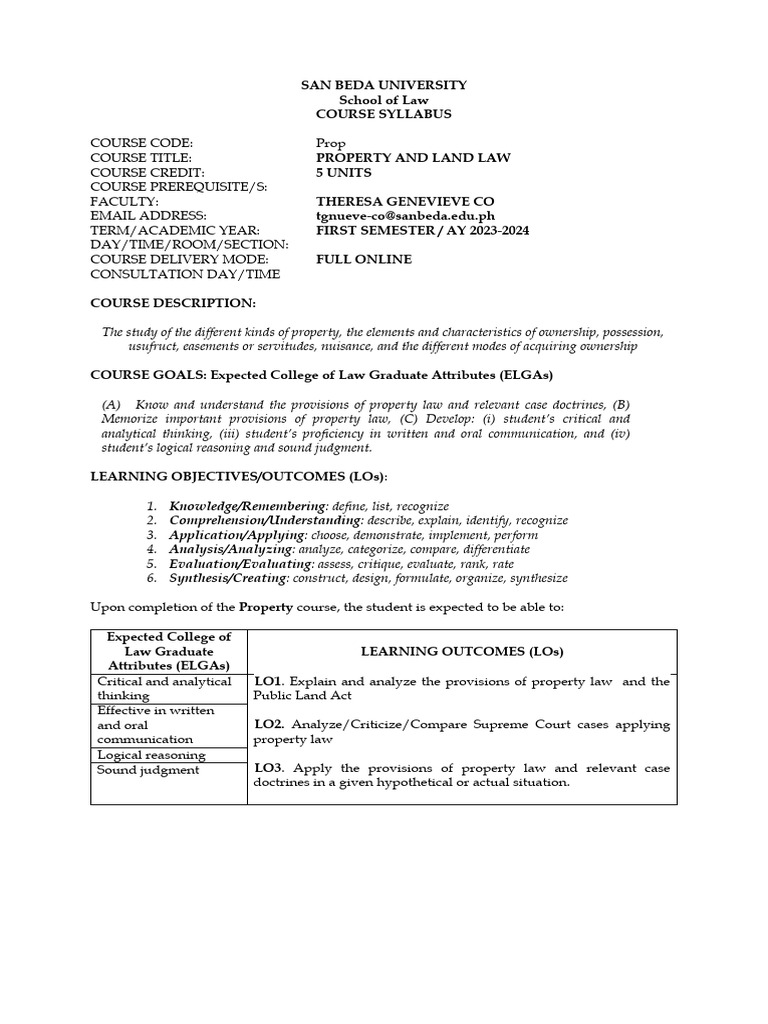 Property and Land Law Syllabus 2023 2024 PDF Conveyancing