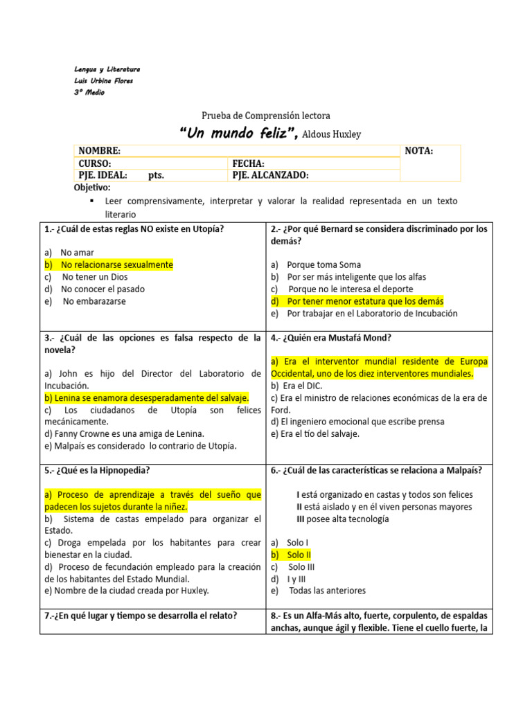 Prueba de Comprensión: Un Mundo Feliz | PDF