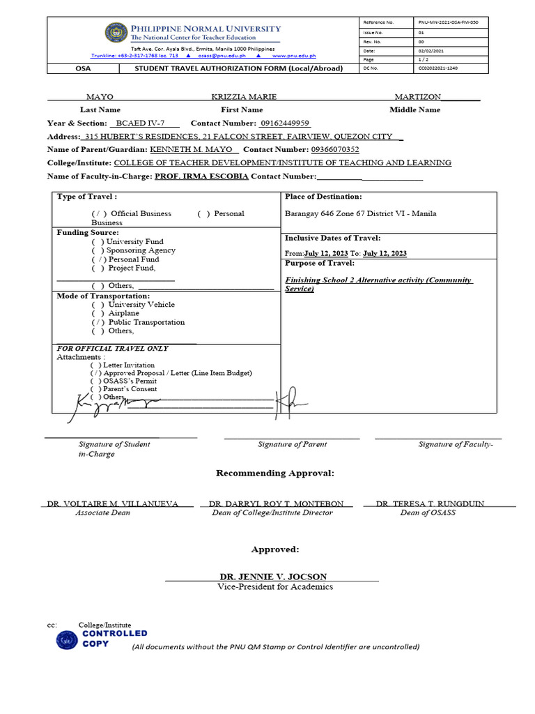 Student-Travel-Authorization-Form-Unprotected-1 2 | PDF