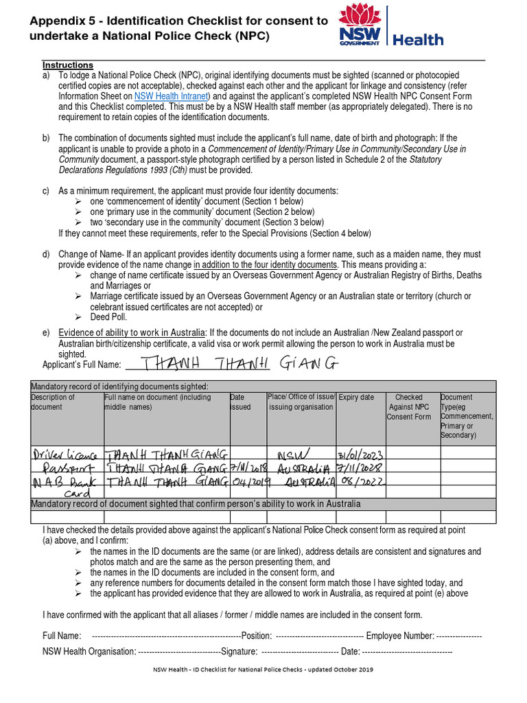 NPC Identification Checklist for NSW Health | PDF | Identity Document ...