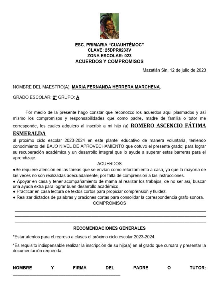 Acuerdos y Compromisos Escolares 2023 | PDF