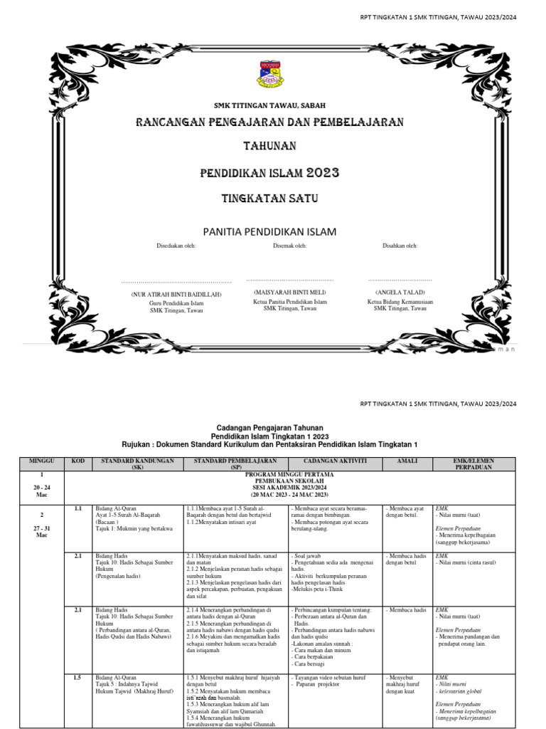 RPT P.I Tingkatan 1 2023 | PDF