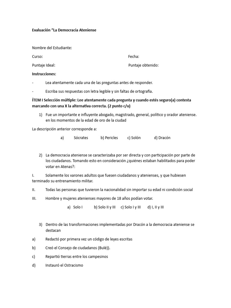 Evaluación sobre la Democracia Ateniense | PDF | Antigua Grecia ...