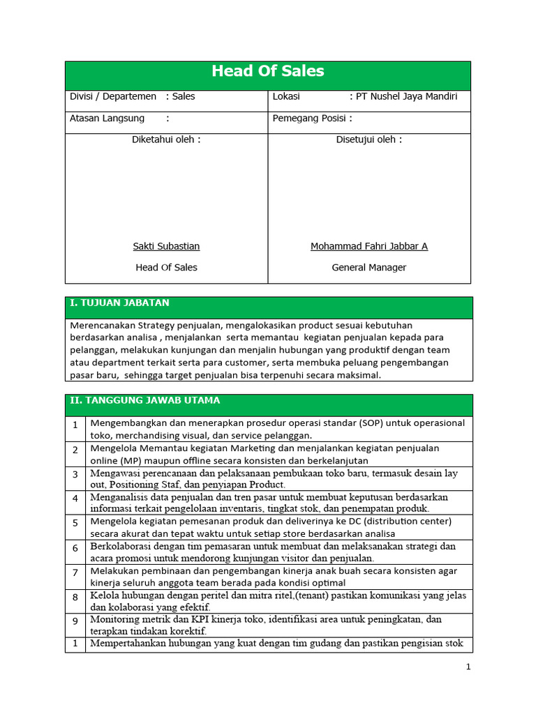Tanggung Jawab Head of Sales PT Nushel Jaya | PDF