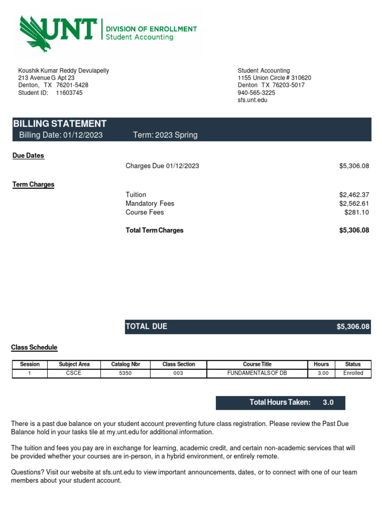 UNT Spring 2023 Billing Statement | PDF