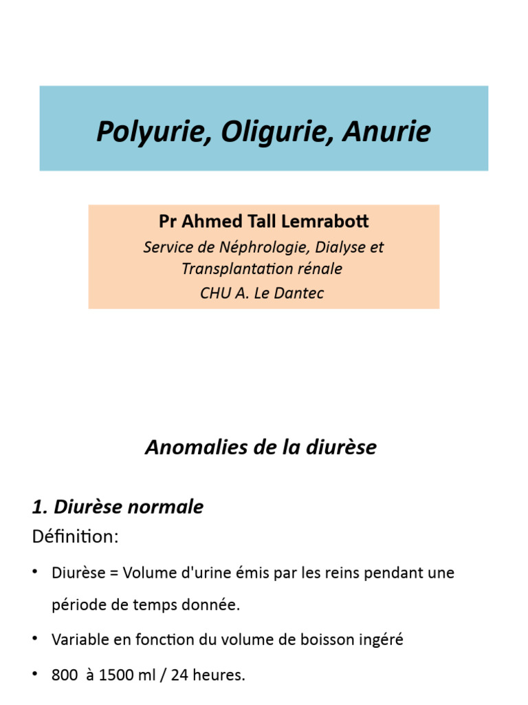 Polyurie, Oligurie et Anurie: Définitions | PDF