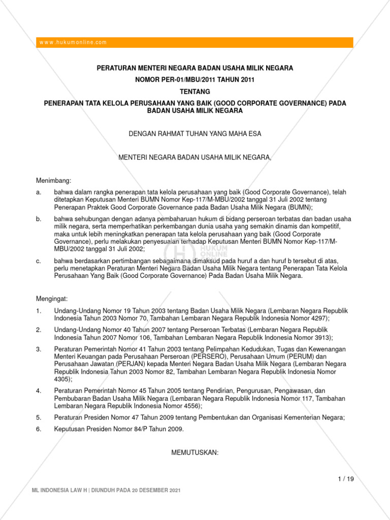 Permen Bumn No Per 01 Mbu 2011 Tahun 2011 Tentang Penerapan Tata