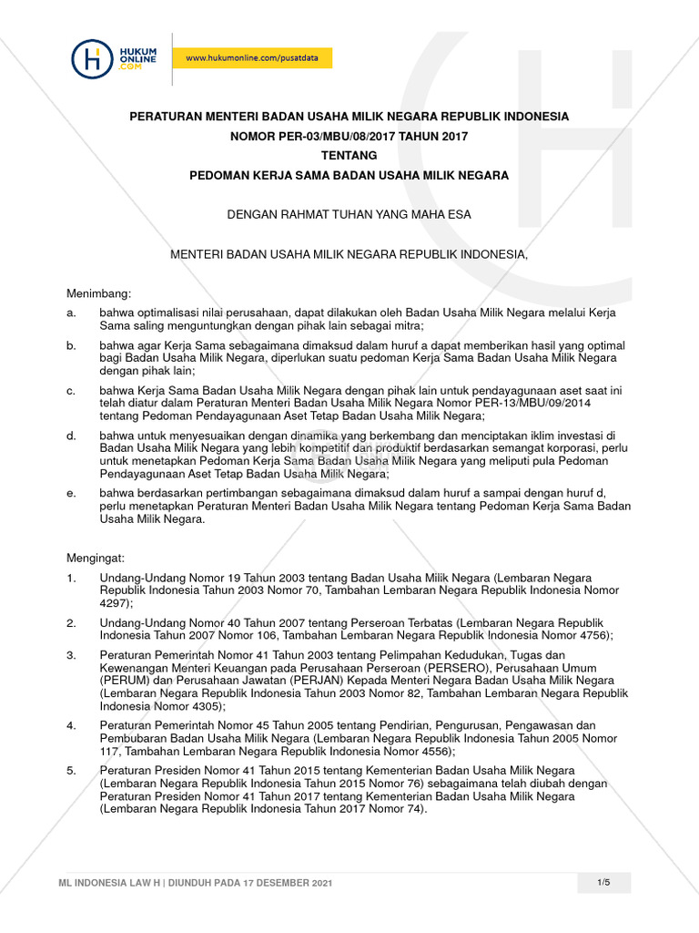 Permen Bumn No Per 03 Mbu 08 2017 Tahun 2017 Tentang Pedoman Kerja