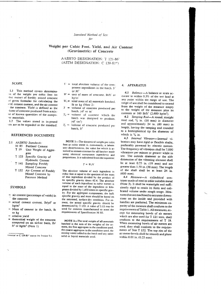 AASHTO T 121 Weight Per Cubic Foot Yield and Air Content of Conrete PDF