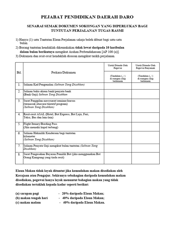Senarai Semak Tuntutan Perjalanan Rasmi | PDF