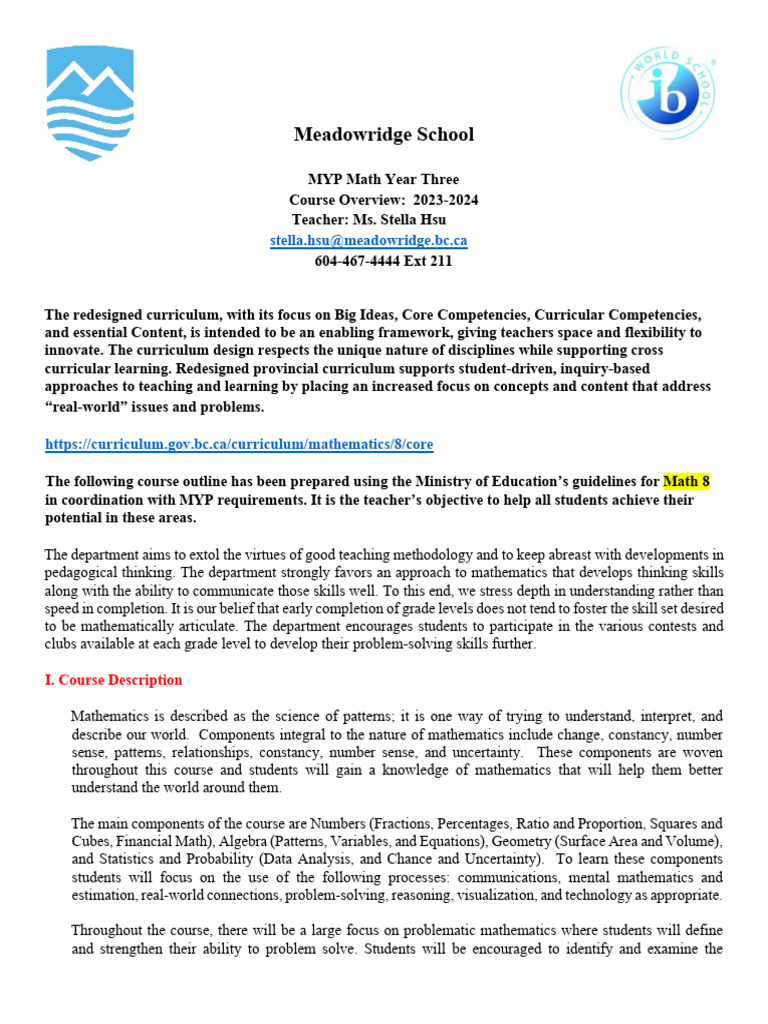 MYP Year 3 Math Course Overview 2023-2024 | PDF