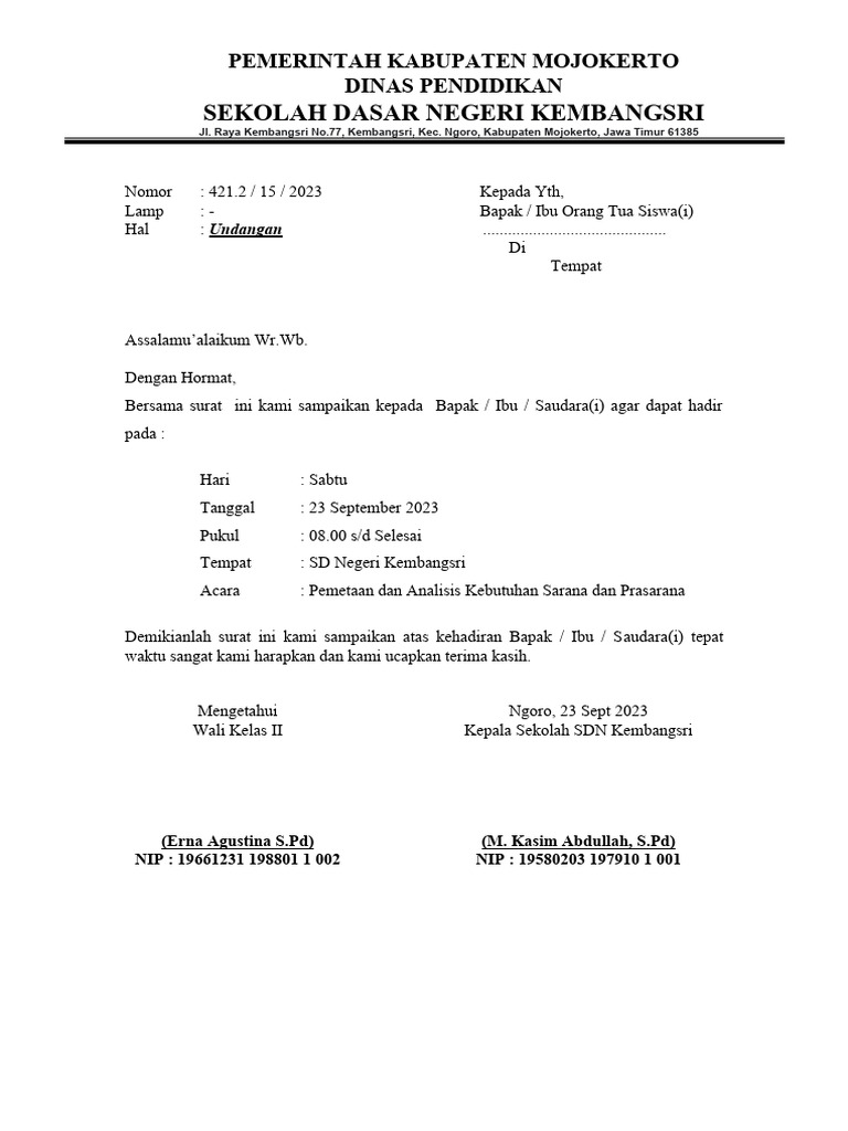 Surat Undangan Untuk Wali Murid | PDF