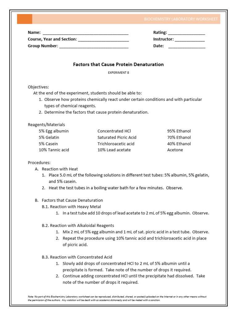 Experiment 8 Factors That Cause Protein Denaturation Biochem Lab PDF