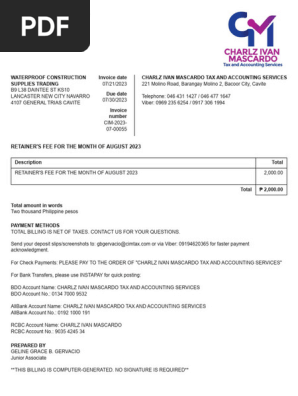 BILLING-WATERPROOF CONSTRUCTION SUPPLIES TRADING-FOR THE MONTH OF AUGUST 2023