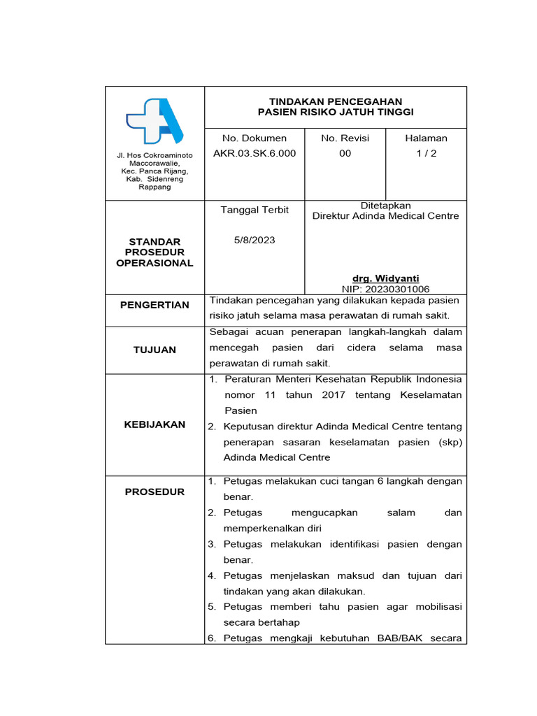 Spo 6 - 9 Tindakan Pencegahan Resiko Jatuh Tinggi | PDF