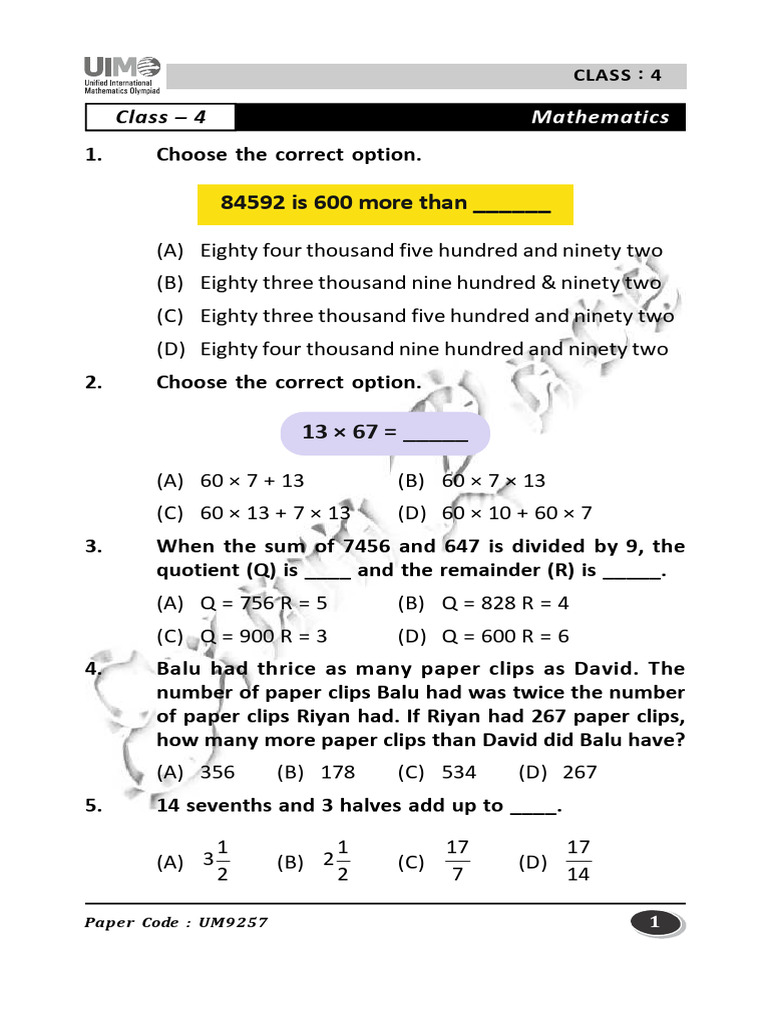 Class 4 Maths Olympiad Question Paper | PDF