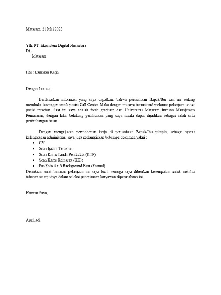 Surat lamaran kerja PT. Ekosistem Digital Nusantara | PDF