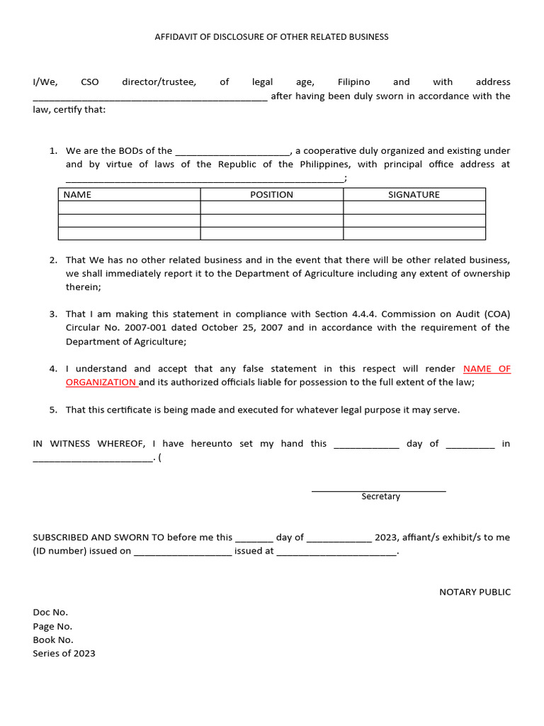 Proforma Sample of CSO Requirements For Notarization | PDF | Affidavit ...