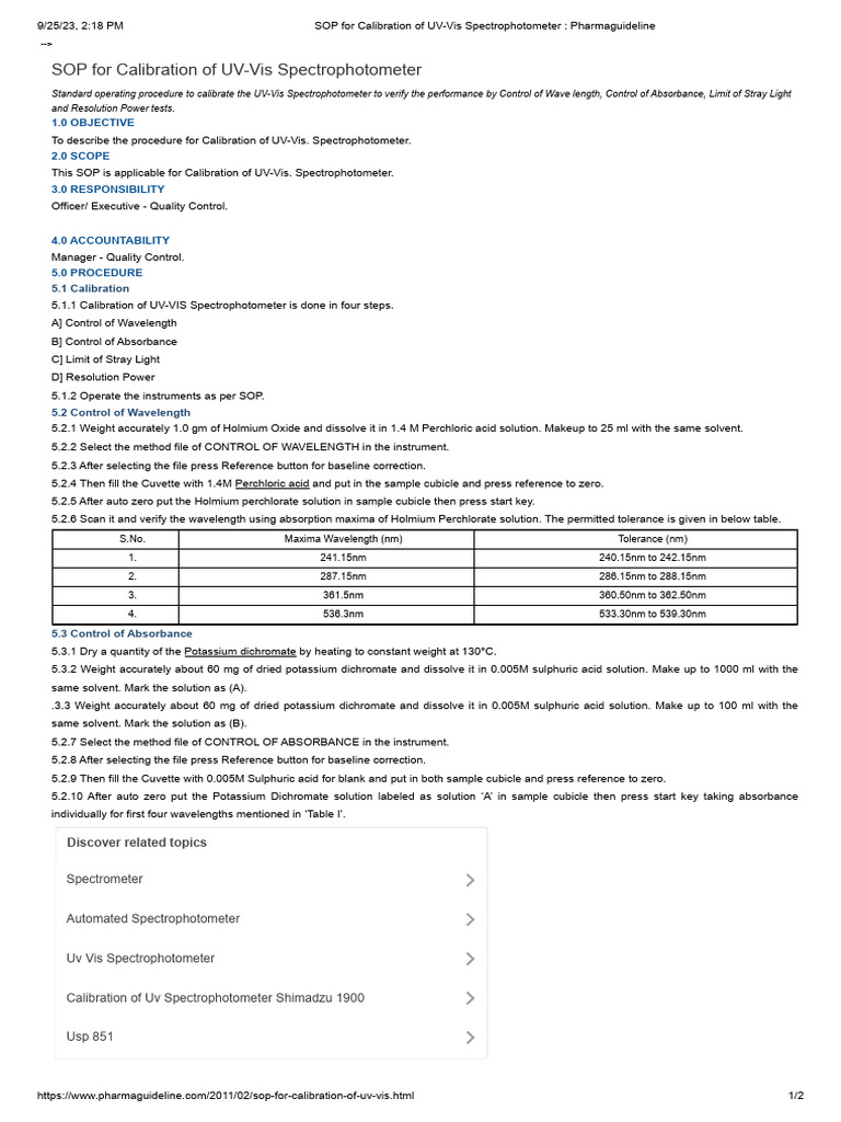 SOP For Calibration of UVVis Spectrophotometer Pharmaguideline PDF