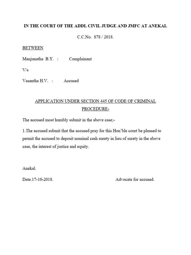 Application Under Section 445 of Code of Criminal Procedure PDF