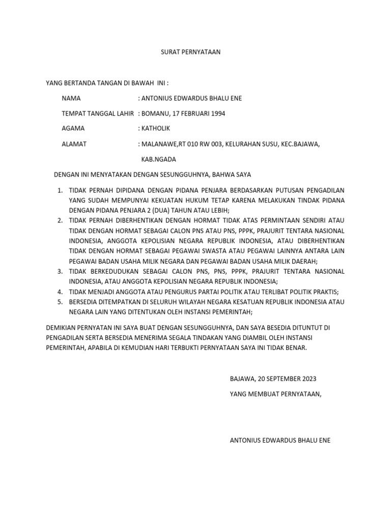 Surat Pernyataan p3k Epin | PDF