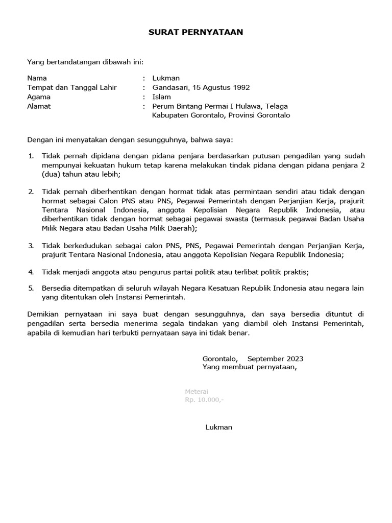 Surat Pernyataan PPPK Teknis KLHK Ta 2023 | PDF