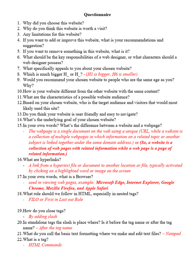 Questionnaire ICT 9 Website Design Questions | PDF