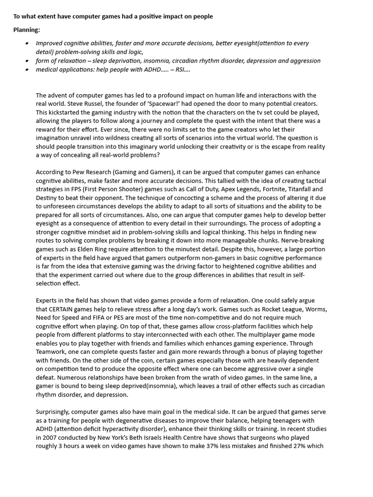 To What Extent Have Computer Games Had A Positive Impact On People | PDF