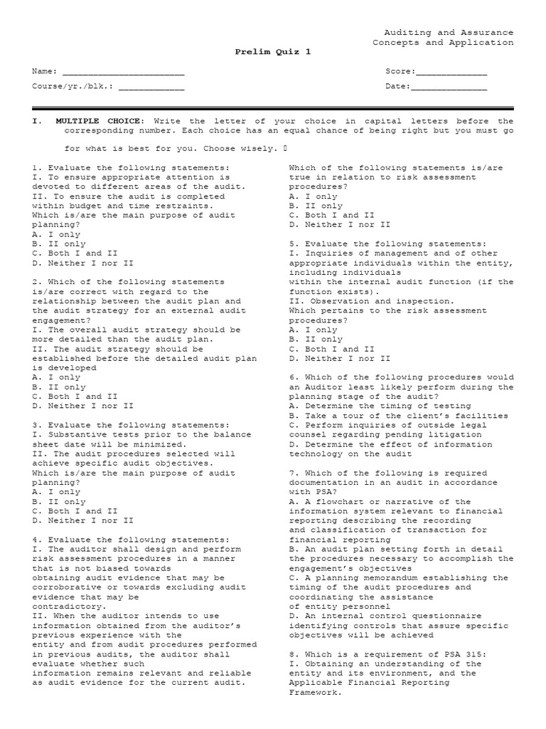 Auditing and Assurance Prelim Quiz 1 | PDF | Audit | Internal Control