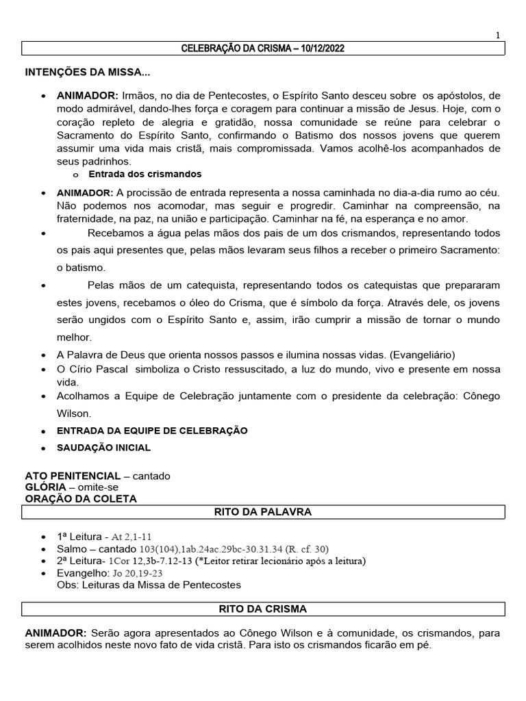 Roteiro Da Crisma 2022 PDF Oração Crisma