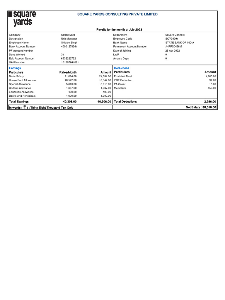 Square yards consulting private limited payslip for the month of july