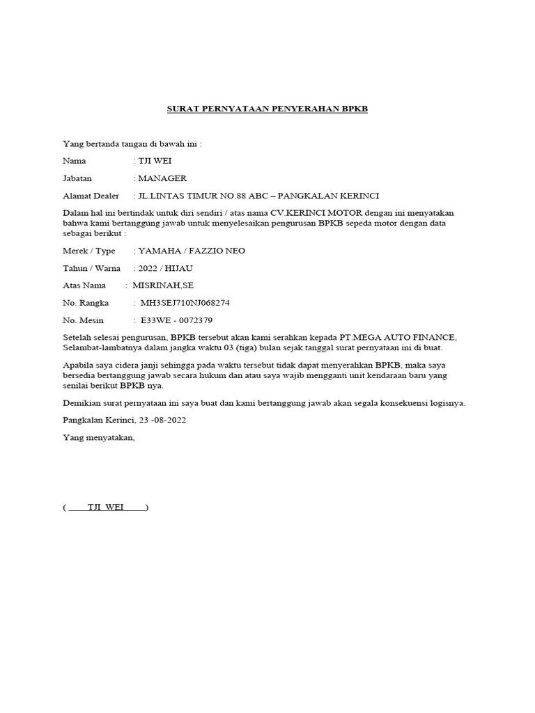 Surat Pernyataan Penyerahan BPKB (Leasing) PDF