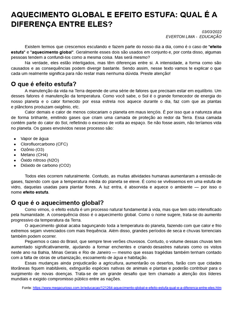 Diferença entre Efeito Estufa e Aquecimento Global | PDF