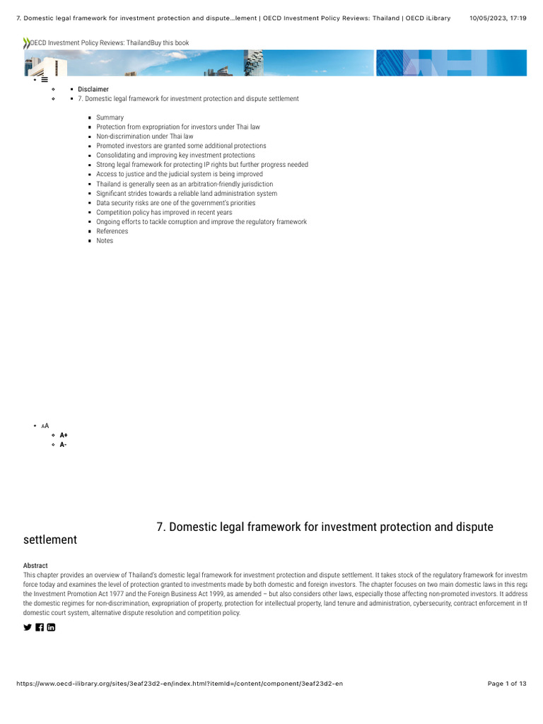 Domestic Legal Framework For Investment Protection and Dispute