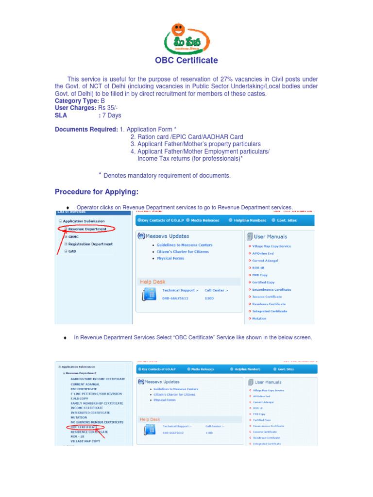 MEESEVA User Manual For KIOSKS Ver 1.5 MeeSeva End - OBC Caste Service ...