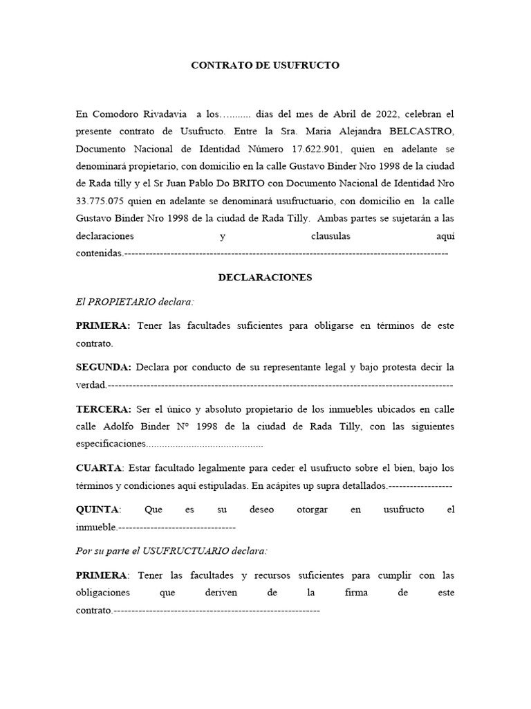 Contrato De Usufructo Ejemplo