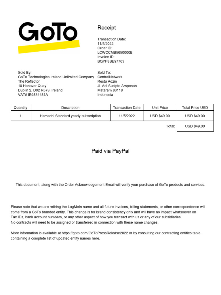 GoTo Technologies Subscription Receipt | PDF