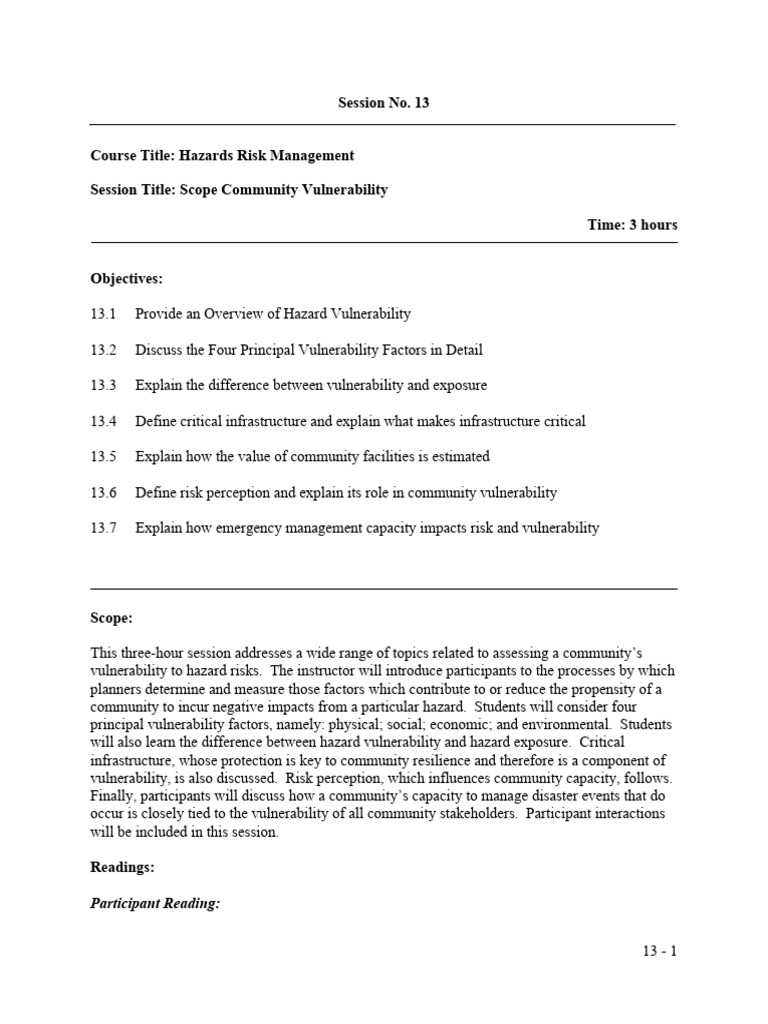 Hazards Risk Mtmt Session 13 Scope Community Vulnerability Pdf