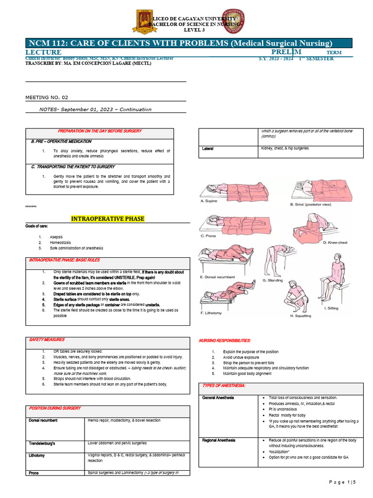 MEDSURG - Lec 2 - PRELIM Intra&Operative Phase - PART 2 | PDF