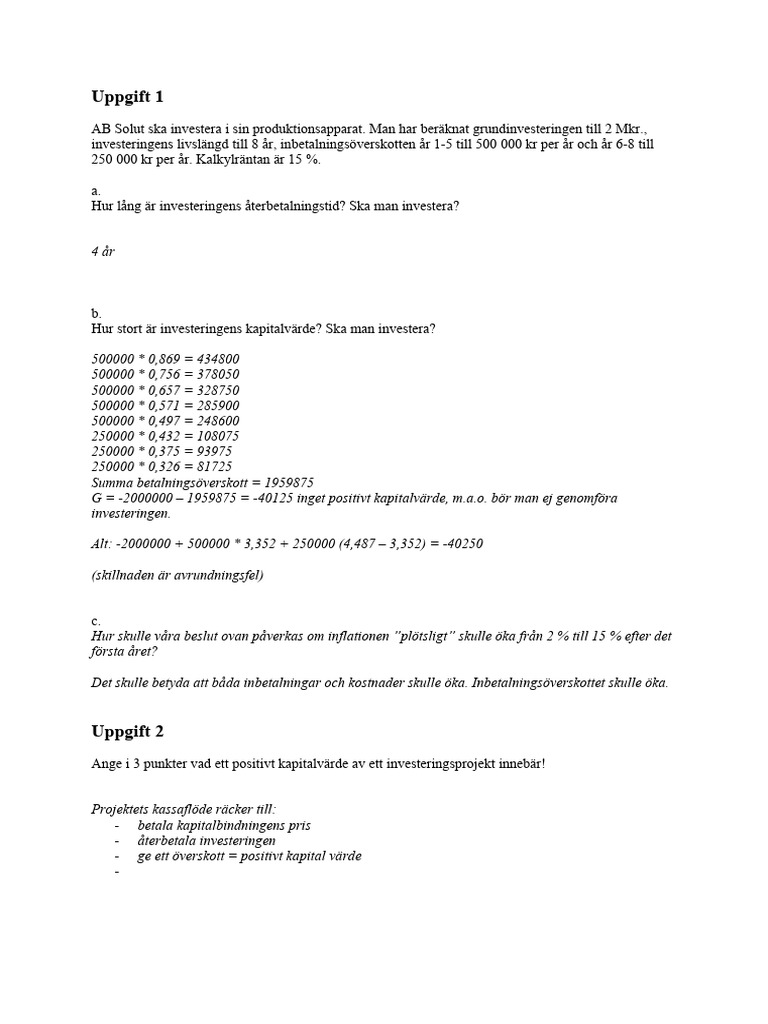 Övningar Investeringar Facit | PDF
