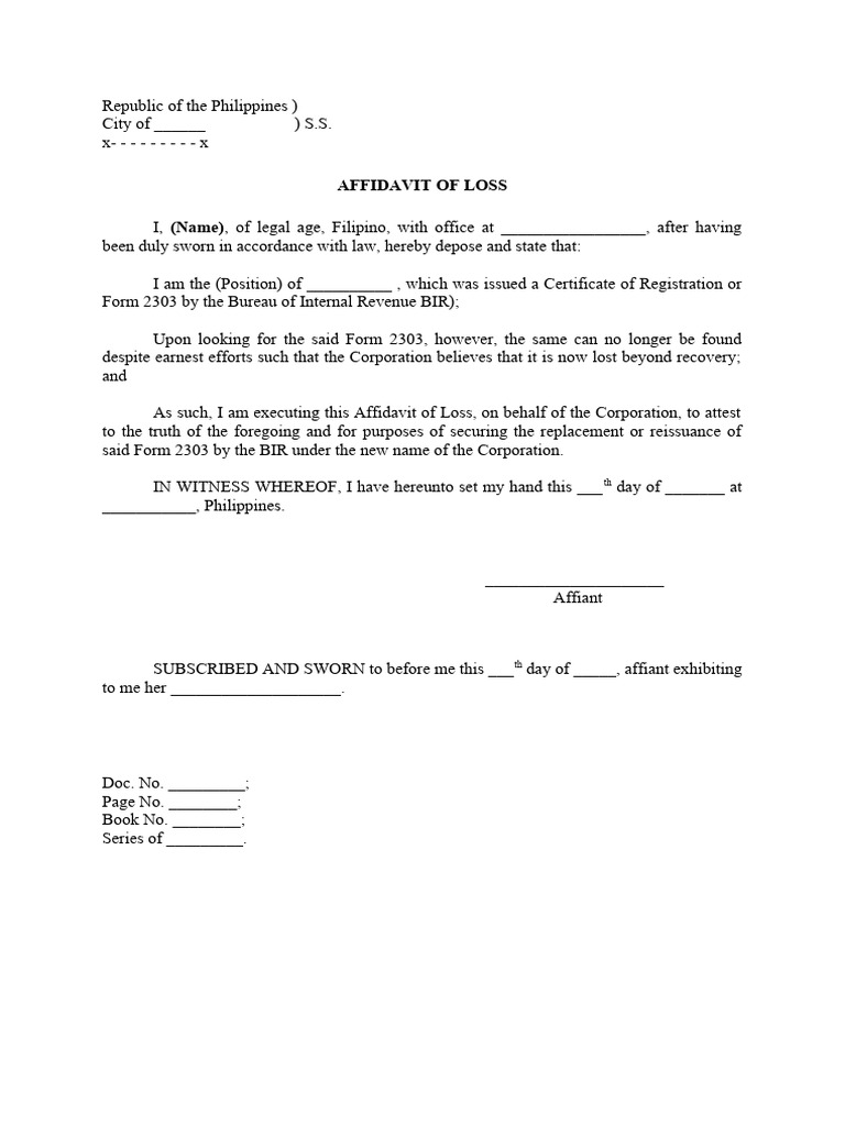 Affidavit Of Loss Bir Permits And Certification