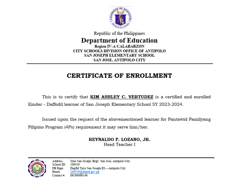 Certificate of enrollment 4ps pdf