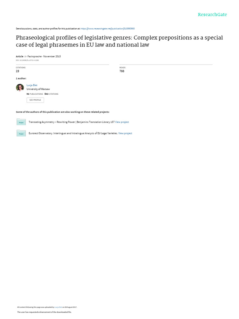 Complex Prepositions As A Special Case of Legal Phrasemes in EU Law and