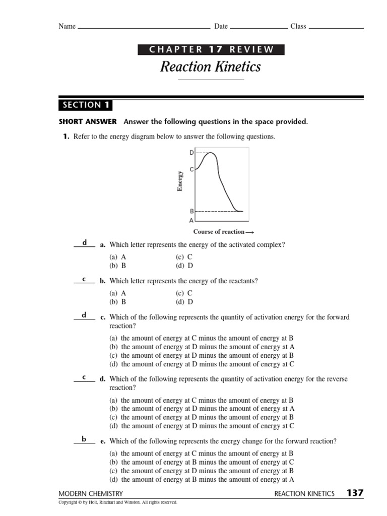 Chapter 17 Study Guide ANSWER KEY | PDF | Reaction Rate | Chemical ...