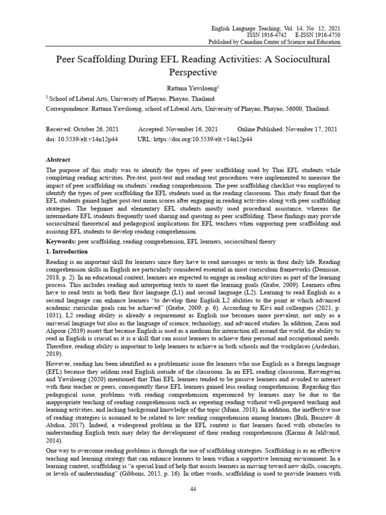 Peer Scaffolding During EFL Reading Activities: A Sociocultural ...
