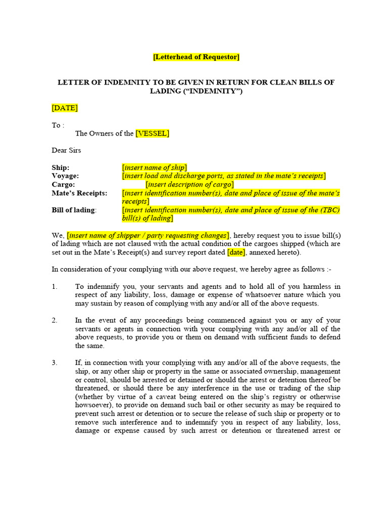 Letter of Indemnity for Clean BL | PDF