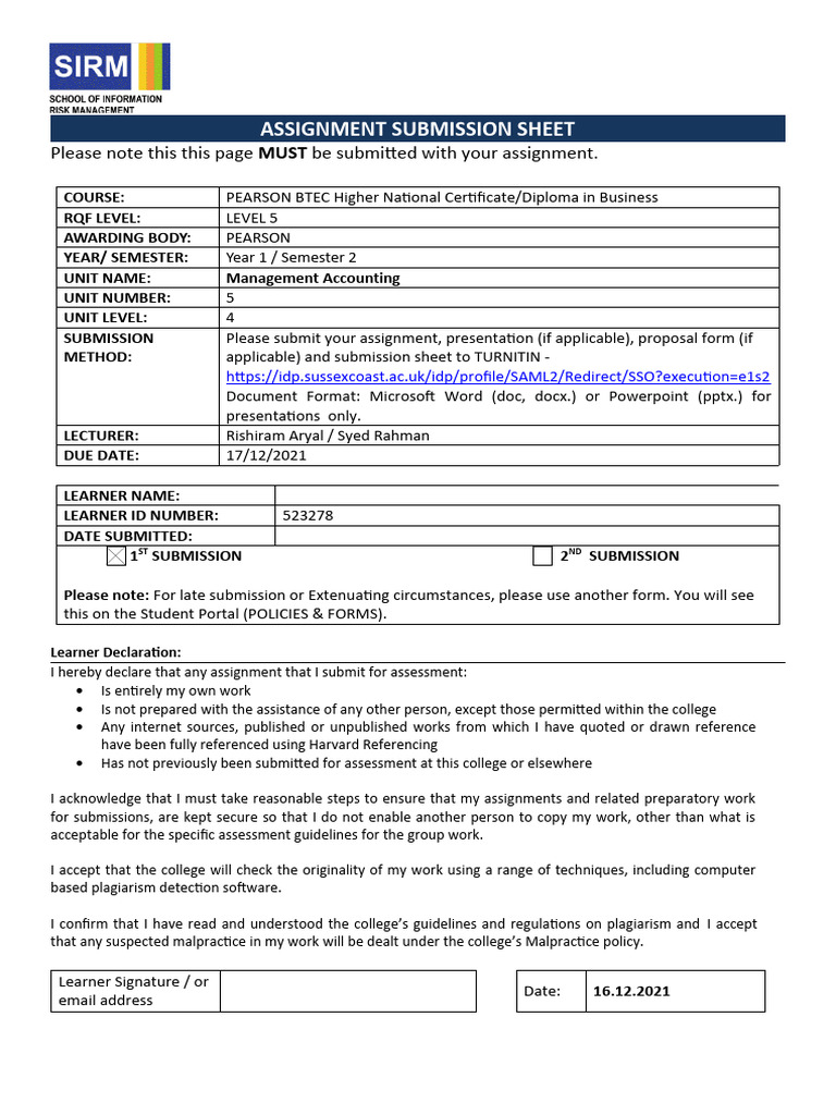 Assessment submission sheet unit 5 attempt 1 copie pdf turnitin