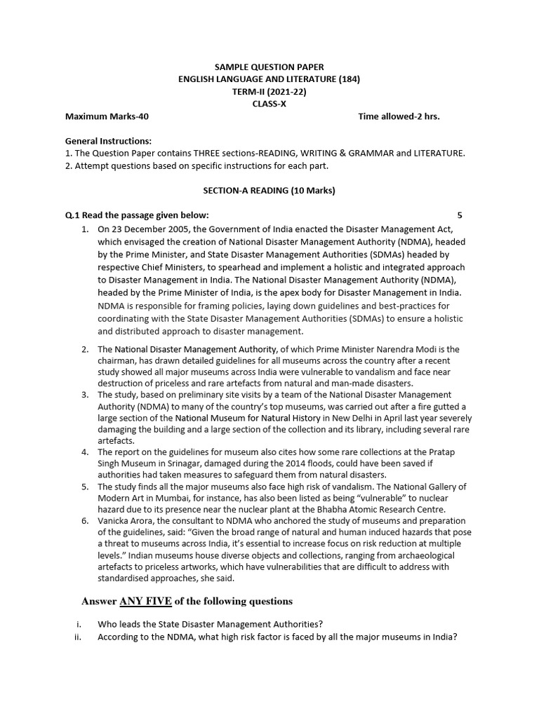 SET IV Sample Paper English Class X Term II PDF