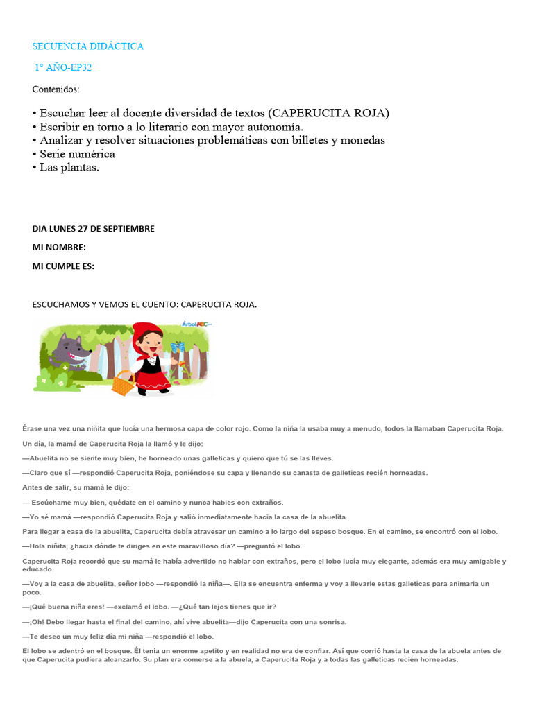 27 DE SEPTIEMBRE Secuencia Primer Grado | PDF | Caperucita Roja