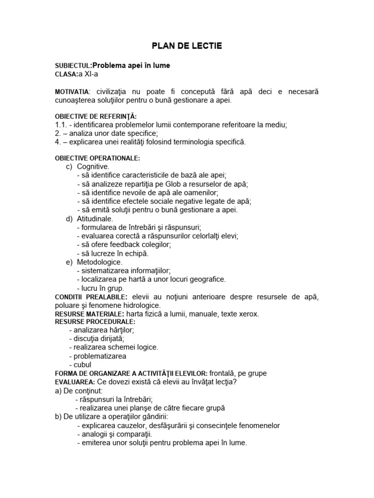 Plan Lectie Problema Apei in Lume | PDF